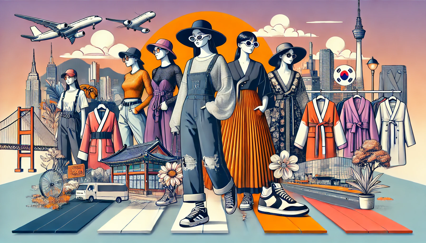 A landscape collage image showcasing top Korean fashion trends, including streetwear, minimalist outfits, modern Hanbok elements, and popular accessories like oversized sunglasses and bucket hats, set against a vibrant cityscape and fashion runway background.