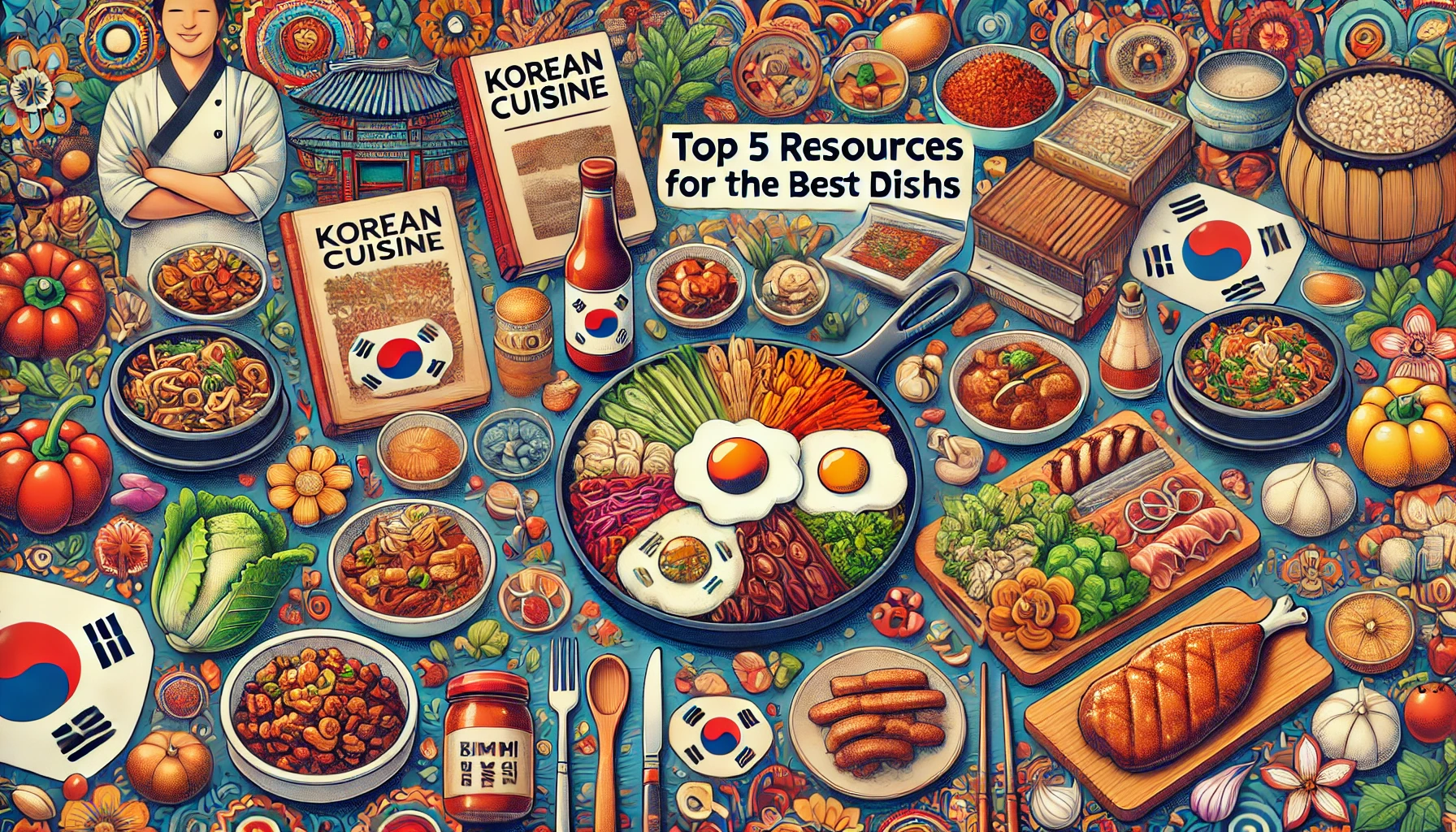 A landscape collage image featuring popular Korean dishes like bibimbap, kimchi, bulgogi, tteokbokki, and samgyeopsal, combined with icons representing resources such as cookbooks, video tutorials, and restaurant guides, set against a colorful, traditional Korean-themed background.