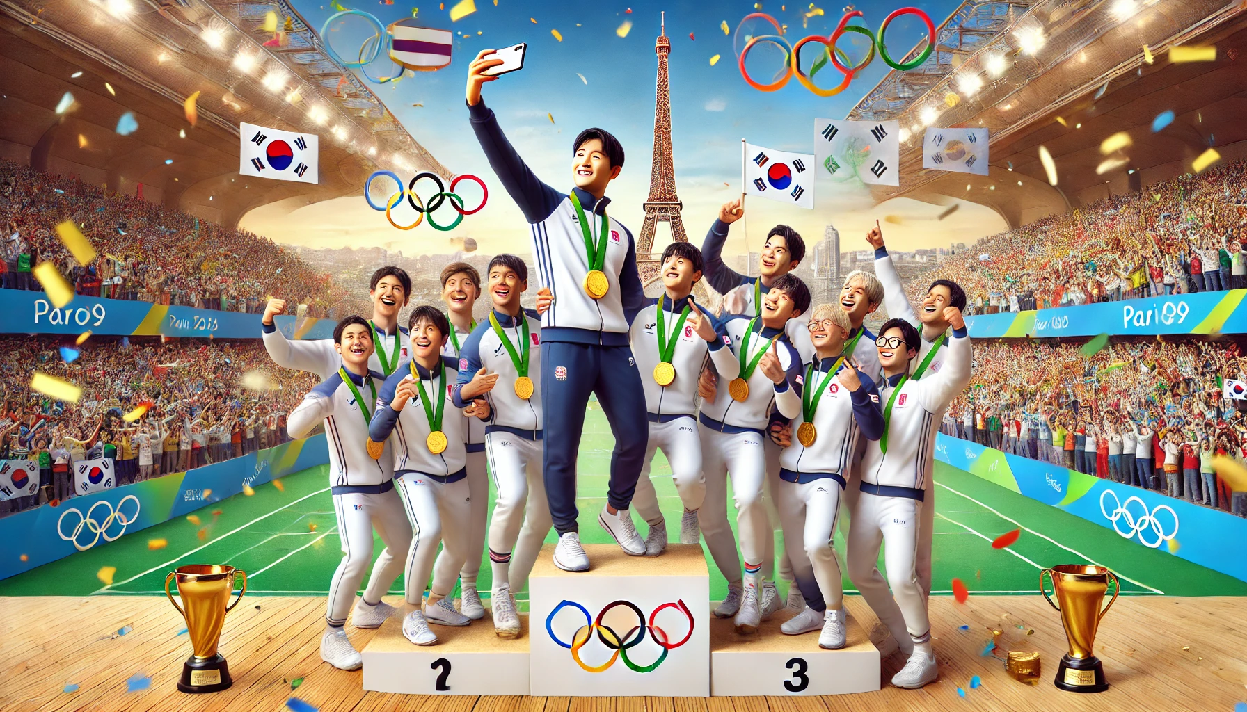 Korean athletes take a joyful podium selfie at the Paris Olympics, celebrating with medals and a festive backdrop.