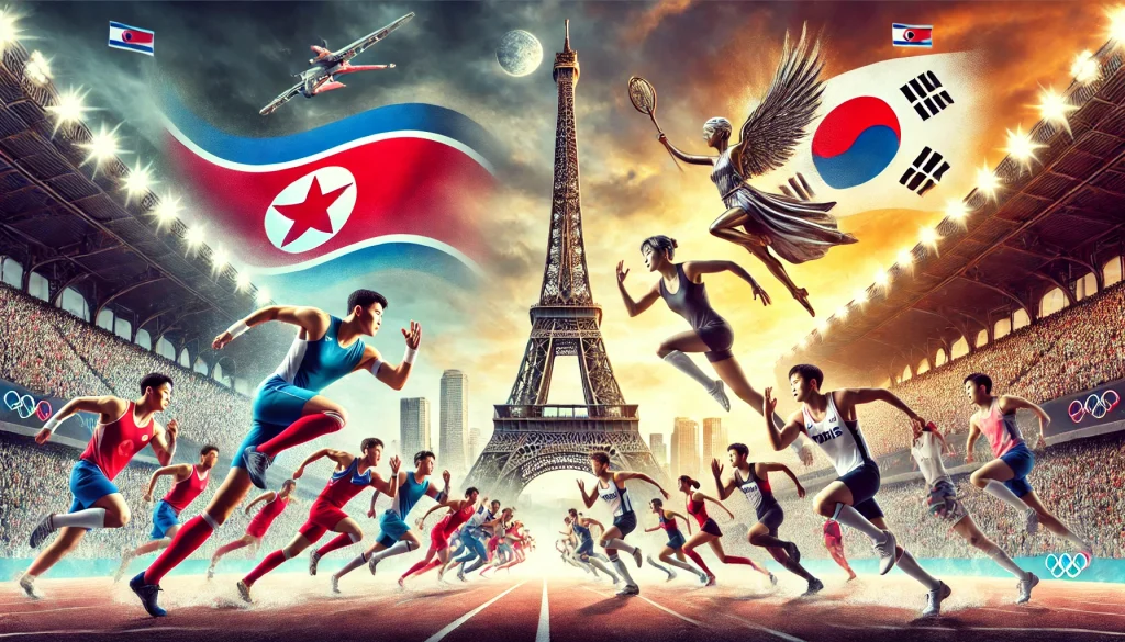 North and South Korean athletes compete together at Paris Olympics, Eiffel Tower backdrop.