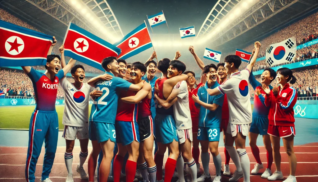 North and South Korean athletes celebrate together, waving flags, unity displayed.