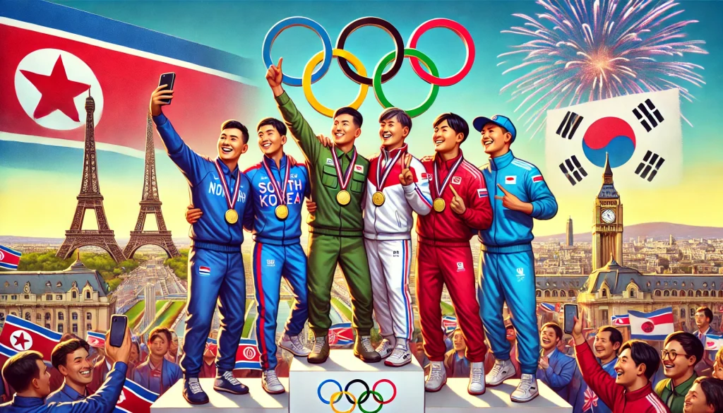 North and South Korean athletes celebrate with podium selfie, Eiffel Tower backdrop.