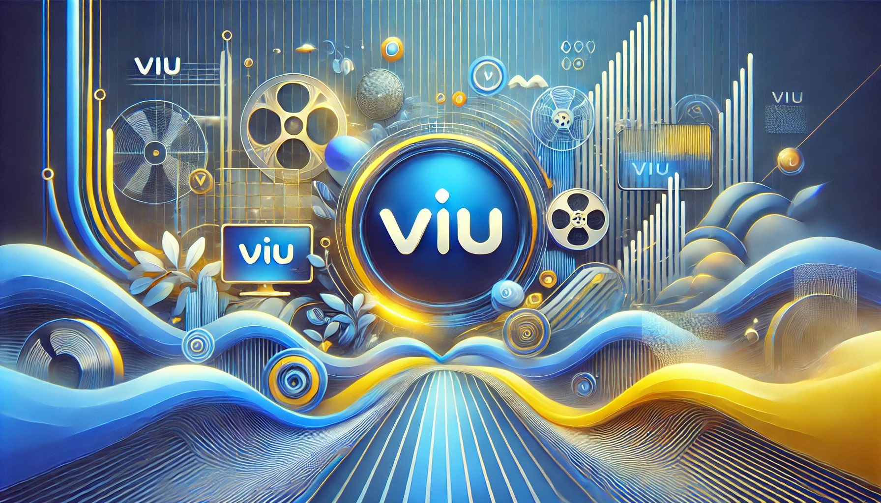 A landscape thumbnail for VIU, featuring the logo in the center with a blue and yellow color scheme, abstract waves, and subtle media icons in the background.