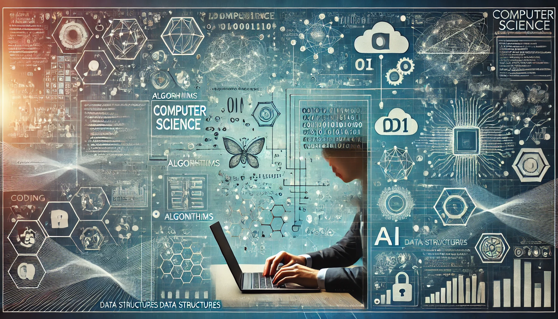 A landscape image representing computer science, featuring visuals like a person typing on a laptop, lines of code, binary numbers, AI icons, and network diagrams, with a background of abstract digital patterns, circuits, and data flows in modern blues, greens, and metallic tones.