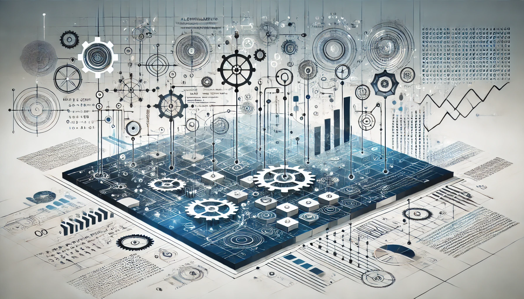 A landscape image depicting algorithms, featuring visuals like flowcharts, code snippets, interconnected nodes, gears, binary code, and mathematical symbols, with a background of abstract patterns, grids, and digital pathways in shades of blue, white, and metallic tones.