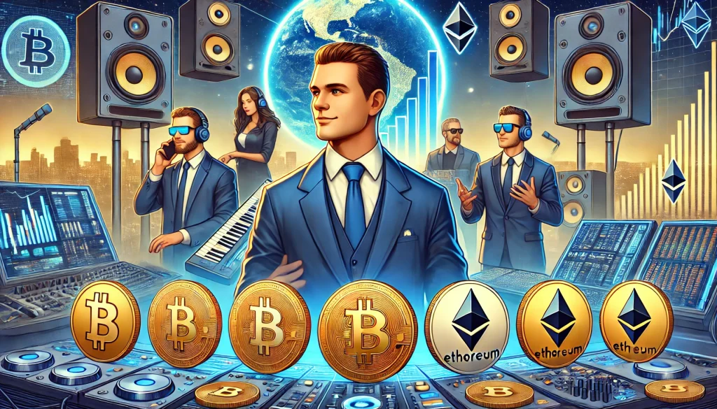 Famous celebrities interacting with digital currency symbols like Bitcoin and Ethereum, set against futuristic cityscapes, recording studios, or tech environments, representing notable celebrity-backed crypto projects in a modern, cutting-edge style.