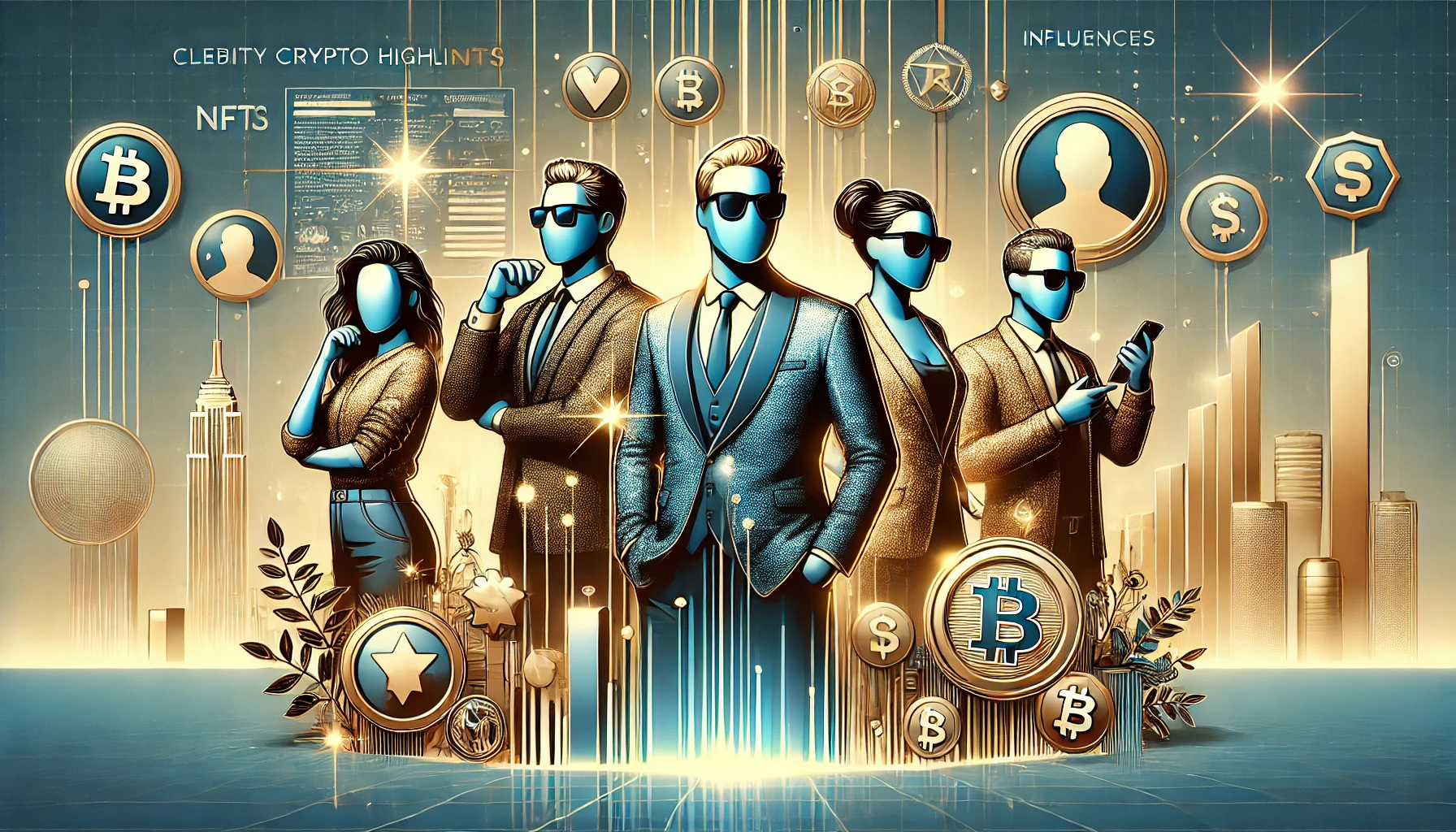 Stylish, anonymous figures resembling celebrities interact with Web3 technology, holding digital assets and NFTs, set against a background of futuristic cityscapes, tech environments, and cryptocurrency symbols in a modern, cutting-edge design.