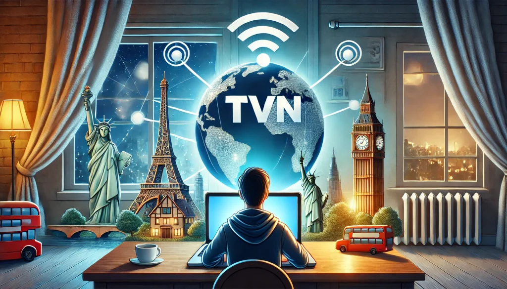 Person at desk with tvN logo laptop, landmarks, globe, and Wi-Fi icon.