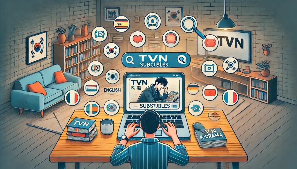 Person at desk with tvN K-drama laptop, subtitle options, language, and search icons.