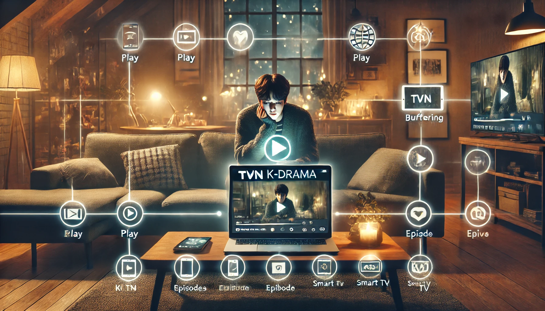 A person sitting on a couch with a laptop streaming a tvN K-drama, surrounded by icons of various streaming platforms and devices, symbolizing different ways to watch online.