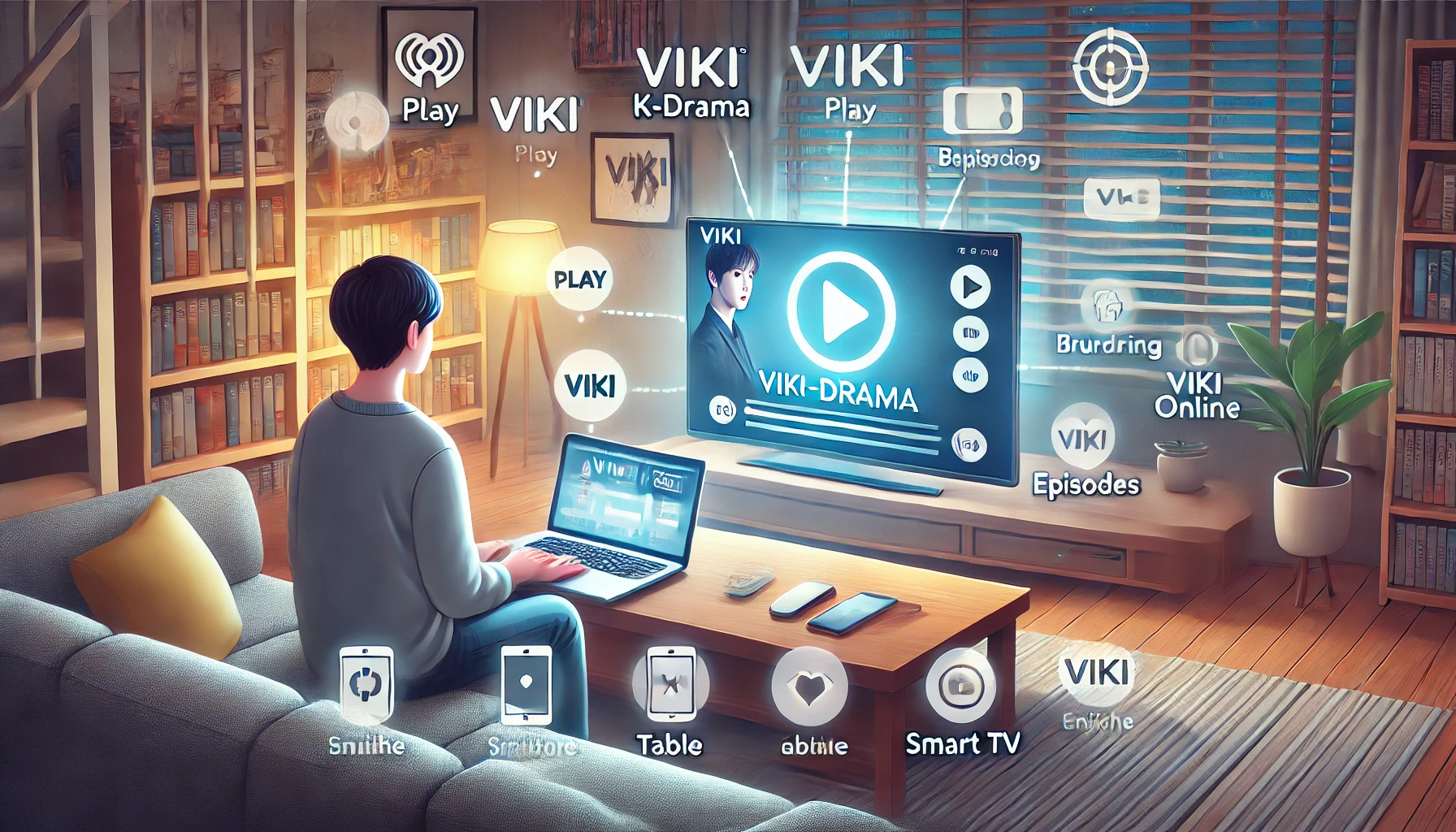 A person sitting on a couch with a laptop streaming a Viki K-drama, surrounded by icons of various streaming platforms and devices, symbolizing different ways to watch online.