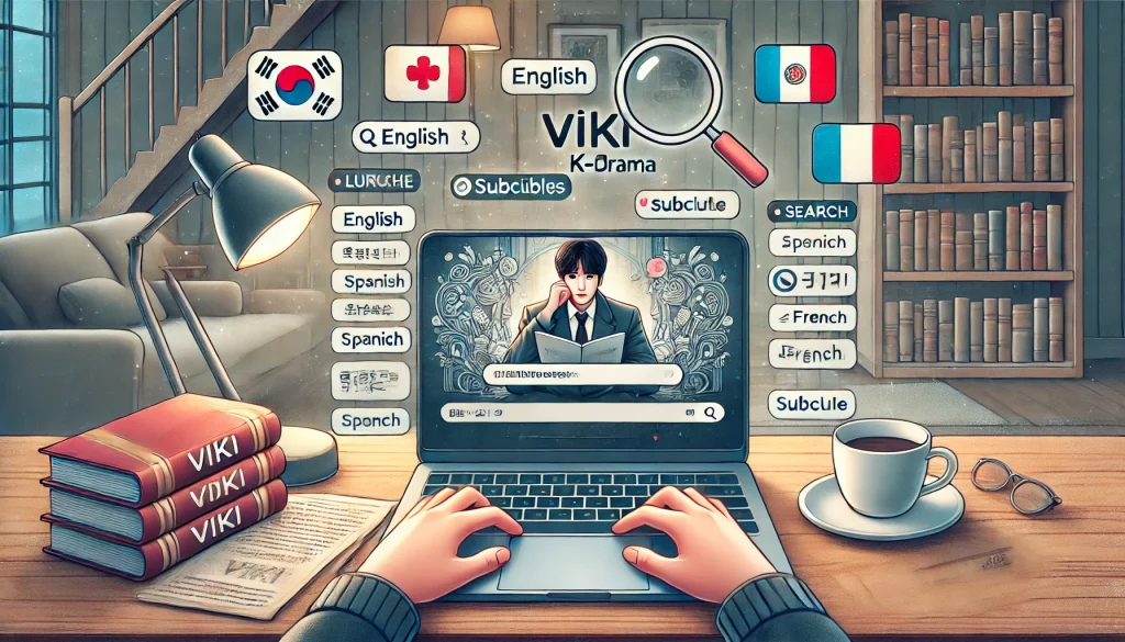 A person at a desk with a laptop showing a Viki K-drama and subtitle options, surrounded by language icons, with a search icon symbolizing the search for subtitles in multiple languages.