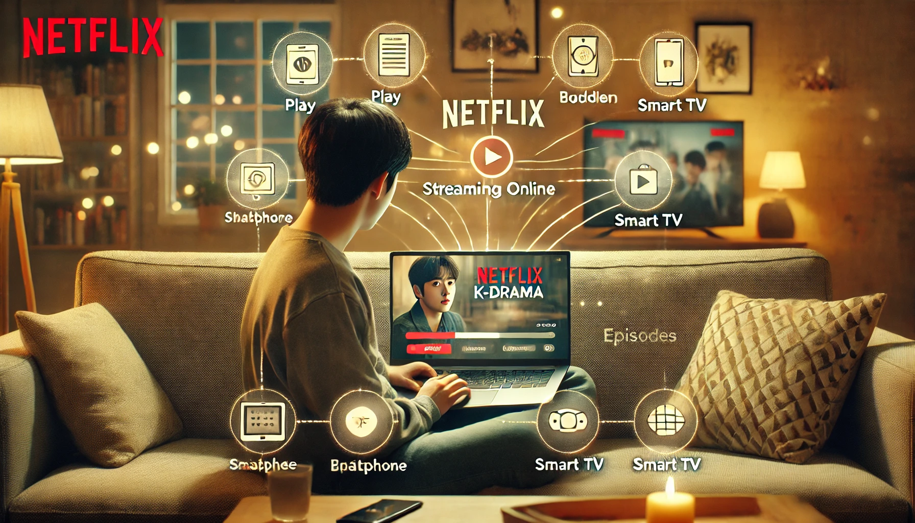 Person streaming Netflix K-drama on laptop, surrounded by streaming icons.