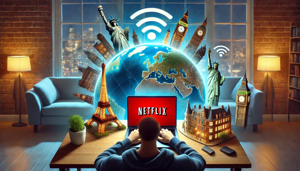 A person at a desk with a laptop showing the Netflix logo, surrounded by international landmarks and a globe with a Wi-Fi icon, symbolizing global access to Netflix content from different countries.