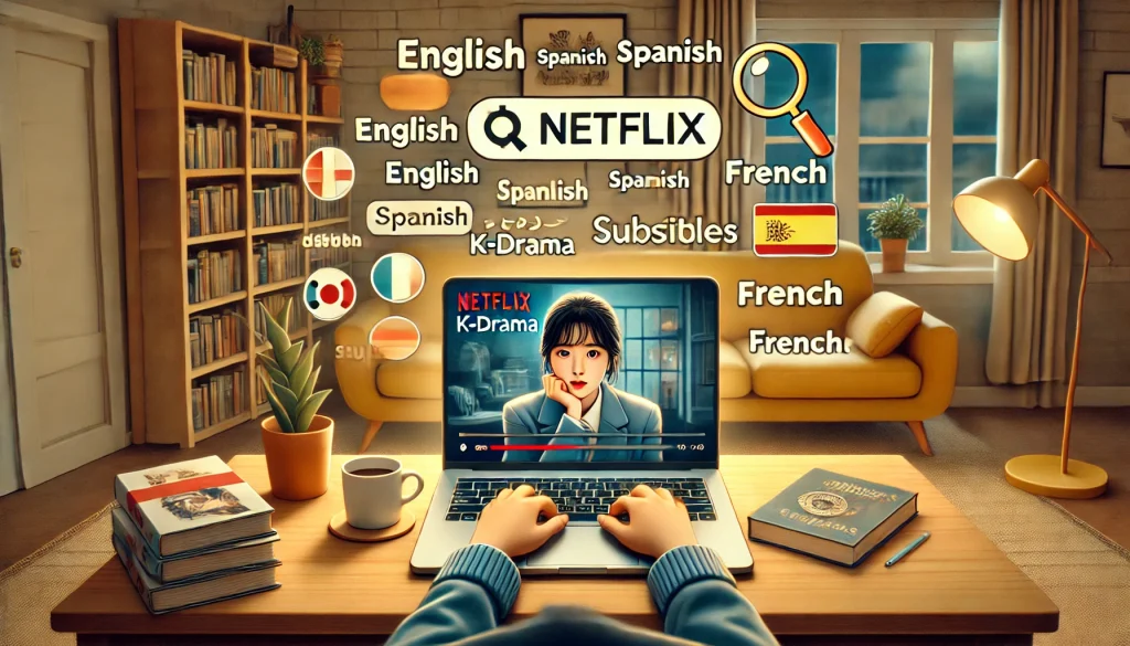 A person at a desk with a laptop showing a Netflix K-drama and subtitle options, surrounded by language icons, with a search icon symbolizing the search for subtitles in multiple languages.