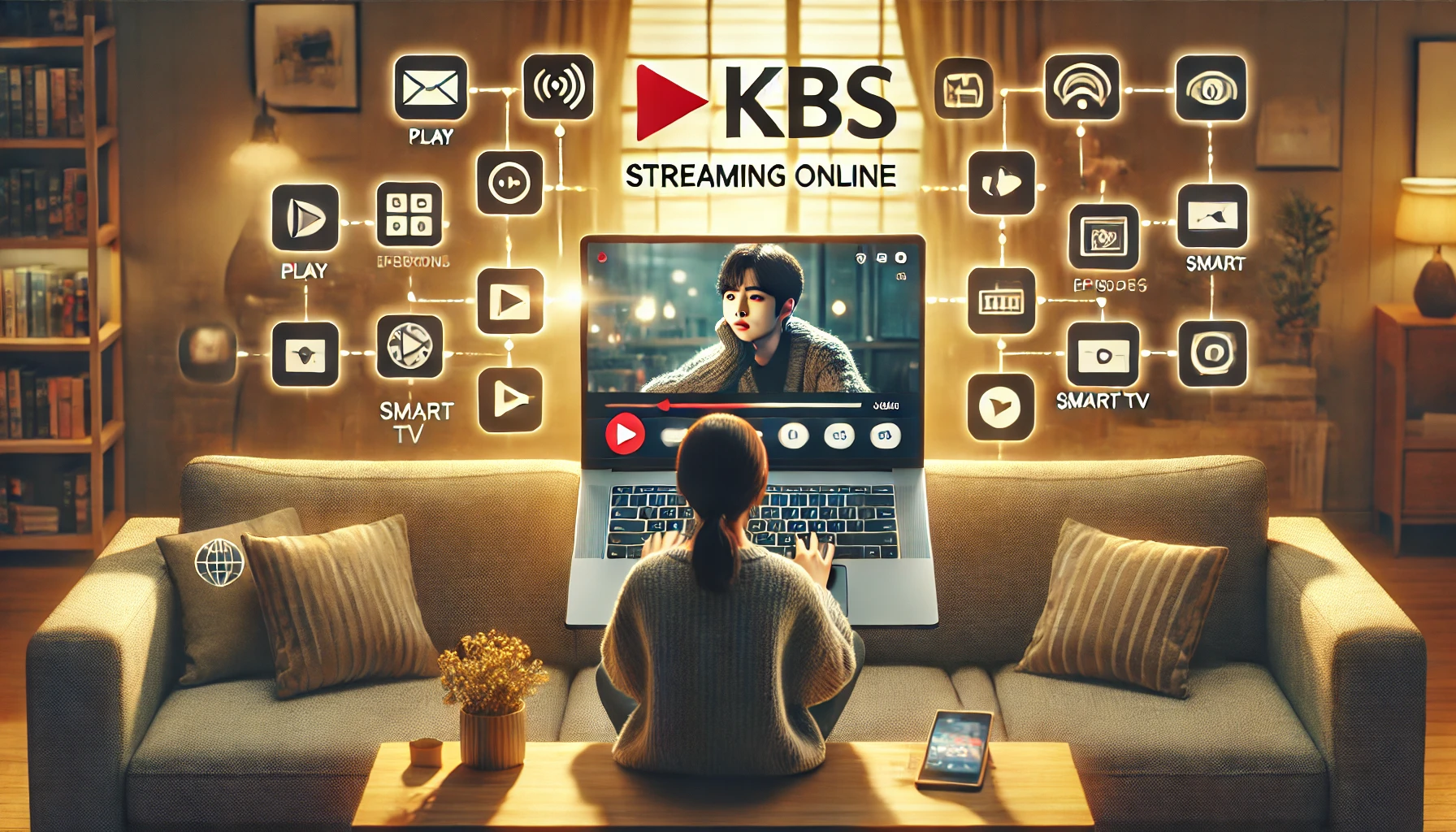 Person streaming KBS K-drama on laptop with platform icons