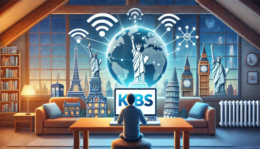 A person at a desk with a laptop showing the KBS logo, surrounded by international landmarks and a globe with a Wi-Fi icon, symbolizing global access to KBS content from different countries.