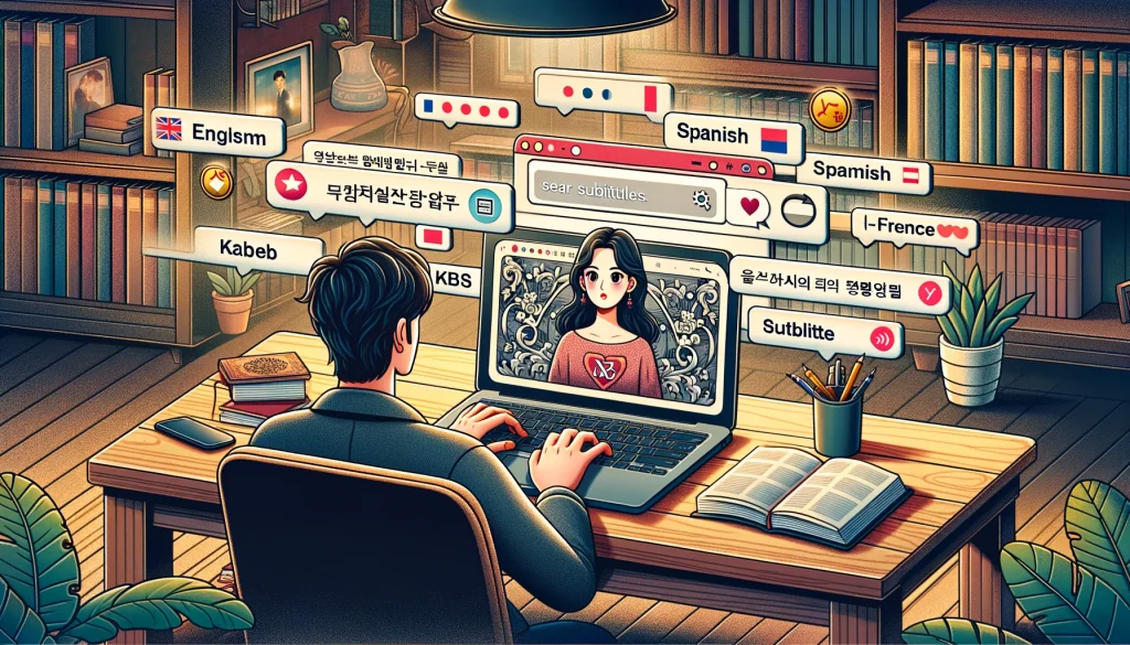 A person at a desk with a laptop showing a KBS K-drama and subtitle options, surrounded by language icons, with a search icon symbolizing the search for subtitles in multiple languages.