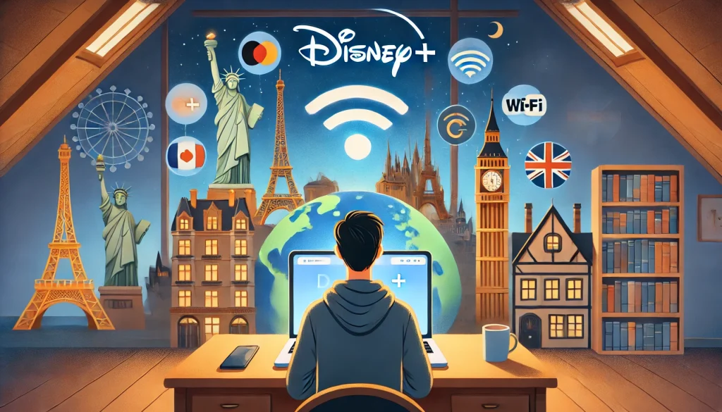 A person at a desk with a laptop showing the Disney+ logo, surrounded by international landmarks and a globe with a Wi-Fi icon, symbolizing global access to Disney+ content from different countries.