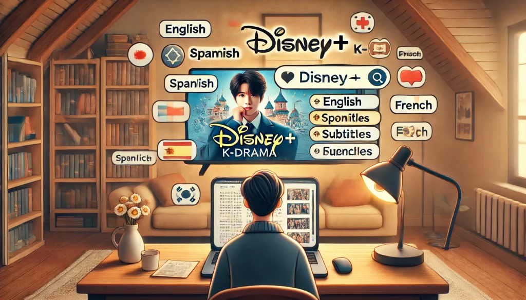 A person at a desk with a laptop showing a Disney+ K-drama and subtitle options, surrounded by language icons, with a search icon symbolizing the search for subtitles in multiple languages.