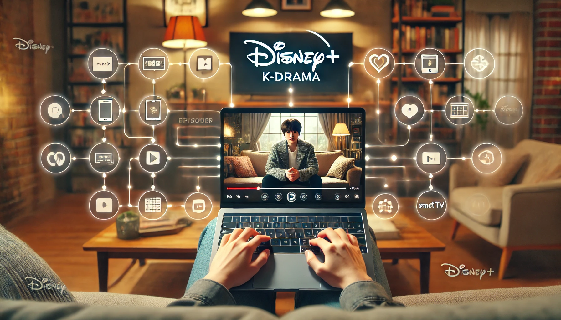 Person streaming Disney+ K-drama on laptop with platform icons