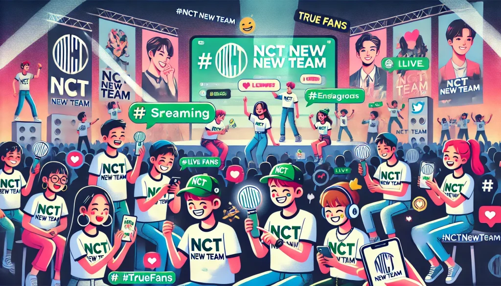 Fans in NCT New Team merch, with banners, lightsticks, concert background, showing support.