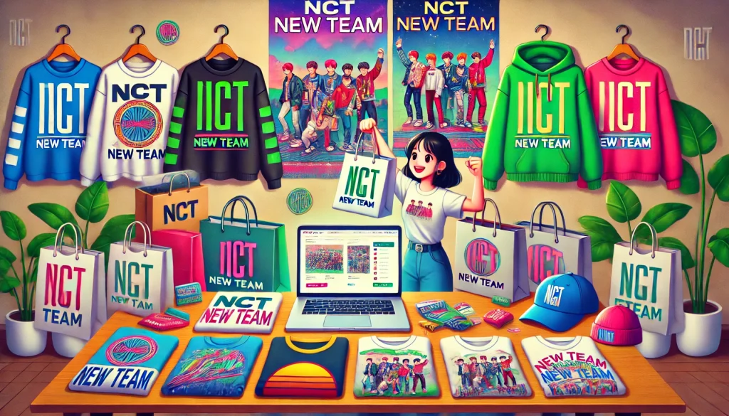 NCT New Team merch display with t-shirts, hoodies, fan shopping bag, online store.