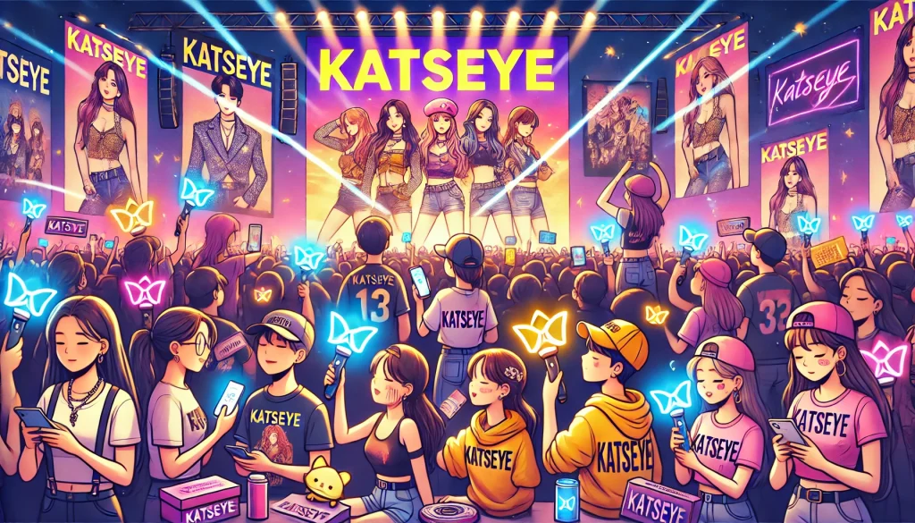 KATSEYE fans with merch, lightsticks, sharing on social media, concert backdrop.