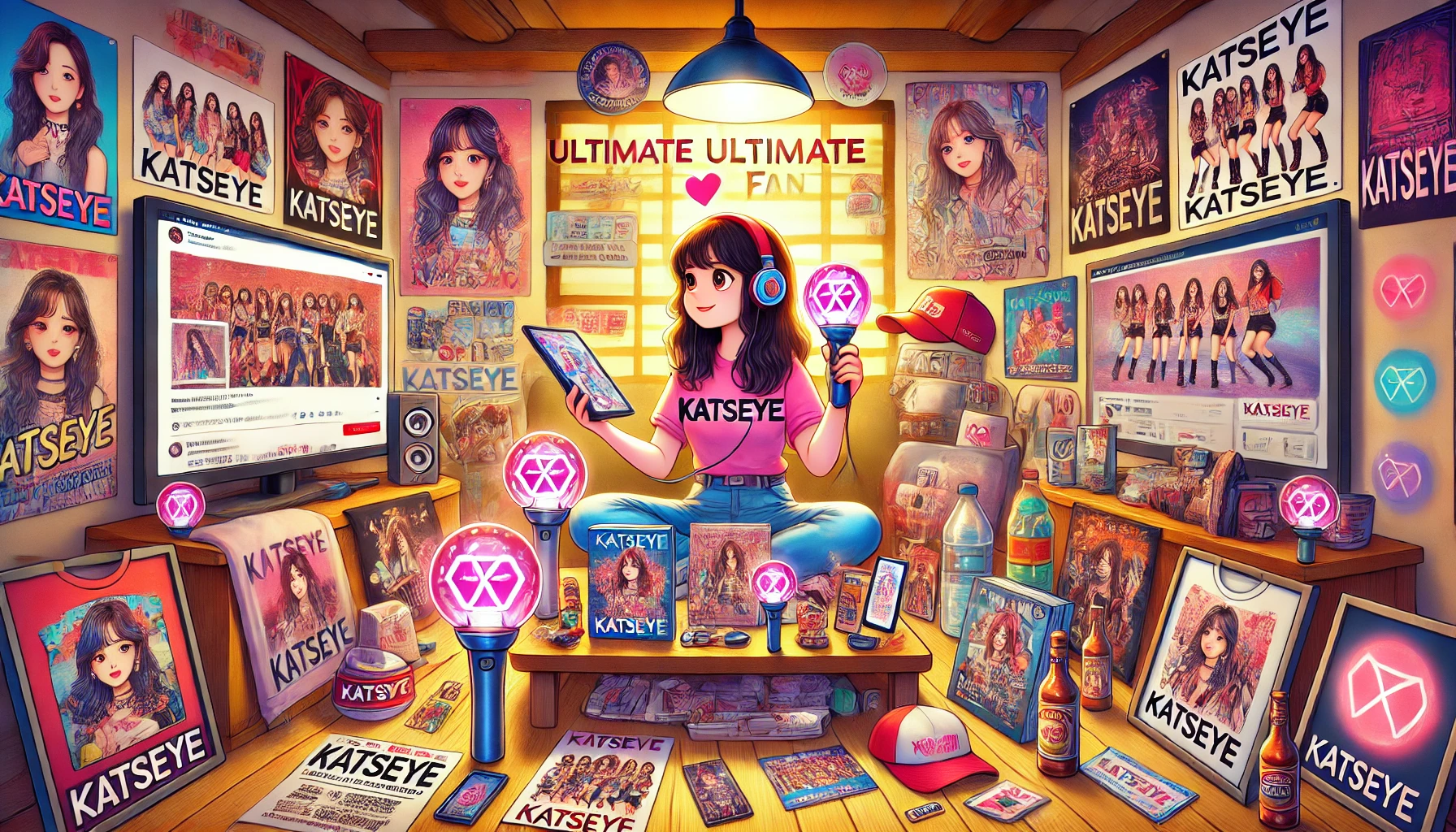 A vibrant scene of an ultimate KATSEYE fan surrounded by posters, albums, and merchandise, actively engaging on social media, streaming music, with a concert ticket and fan club membership card, capturing the essence of true fandom.