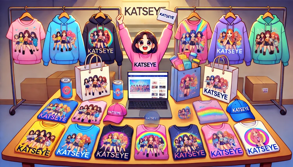 KATSEYE merch display with t-shirts, hoodies, fan shopping bag, online store.