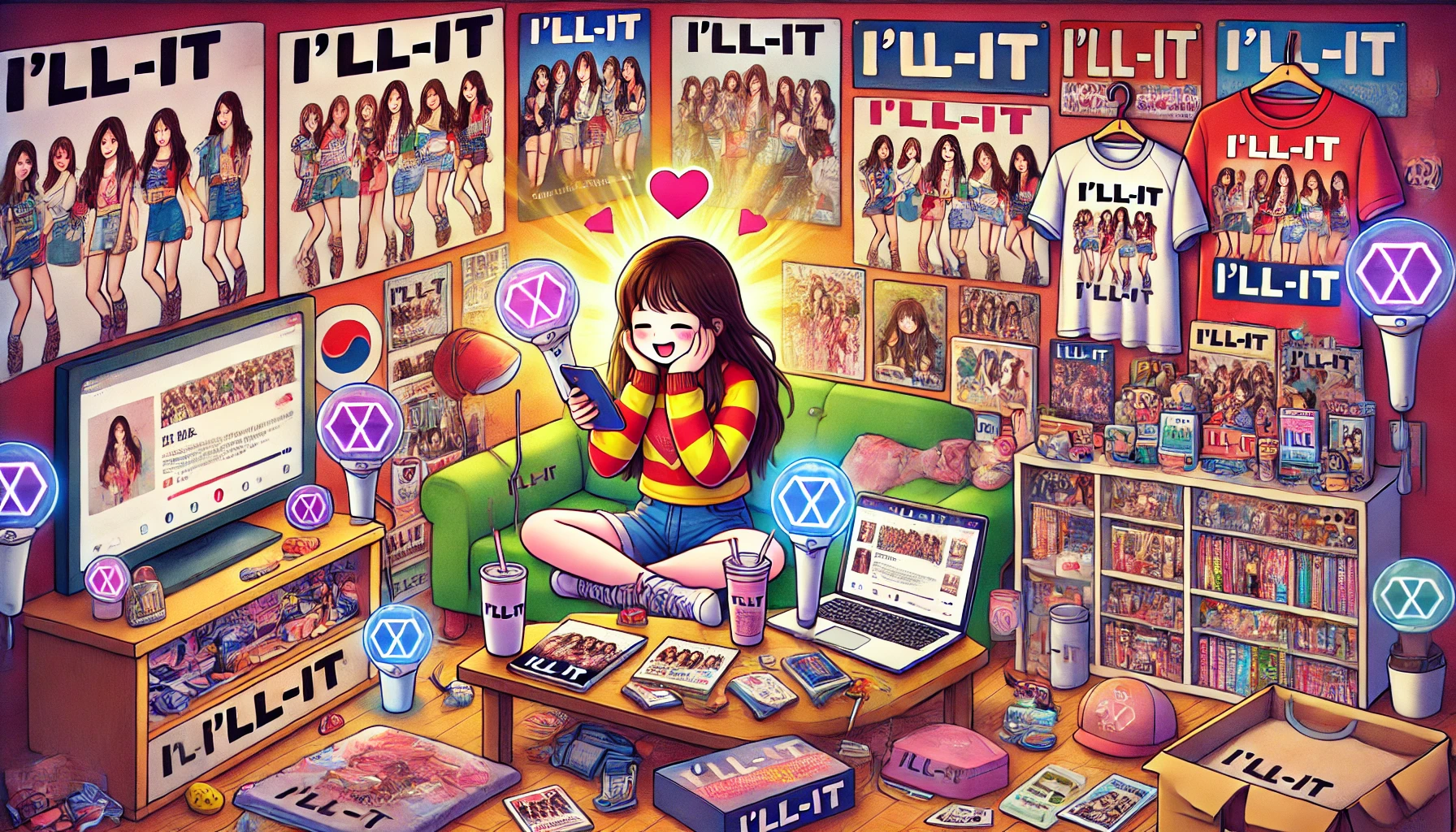 A vibrant scene of an ultimate I’LL-IT fan surrounded by posters, albums, and merchandise featuring the group, actively engaging on social media, streaming music, with a concert ticket and fan club membership card, capturing the essence of true K-pop fandom.