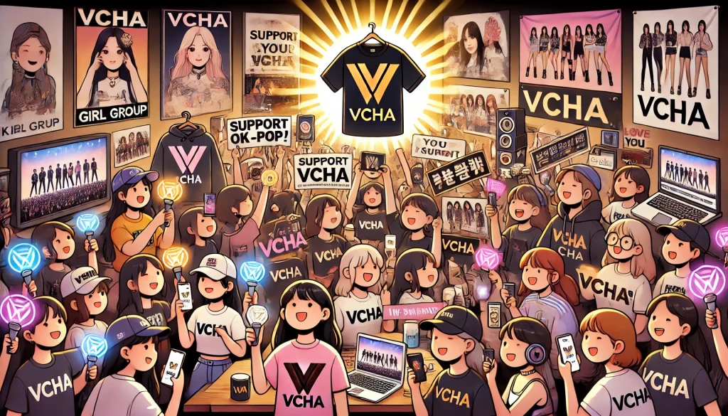 Fans supporting VCHA by wearing merch, holding lightsticks, streaming music, and sharing posts online.