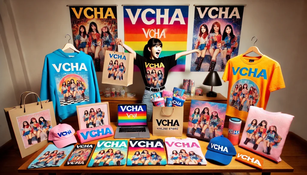 VCHA merchandise display with t-shirts, hoodies, posters, a fan holding a shopping bag, and laptop.