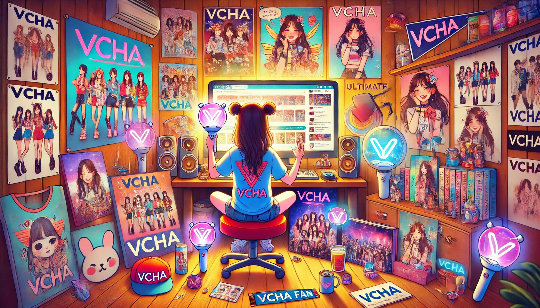 A vibrant scene of an ultimate VCHA fan surrounded by posters, albums, and merchandise featuring the group, actively engaging on social media, streaming music, with a concert ticket and fan club membership card, capturing the essence of true K-pop fandom.