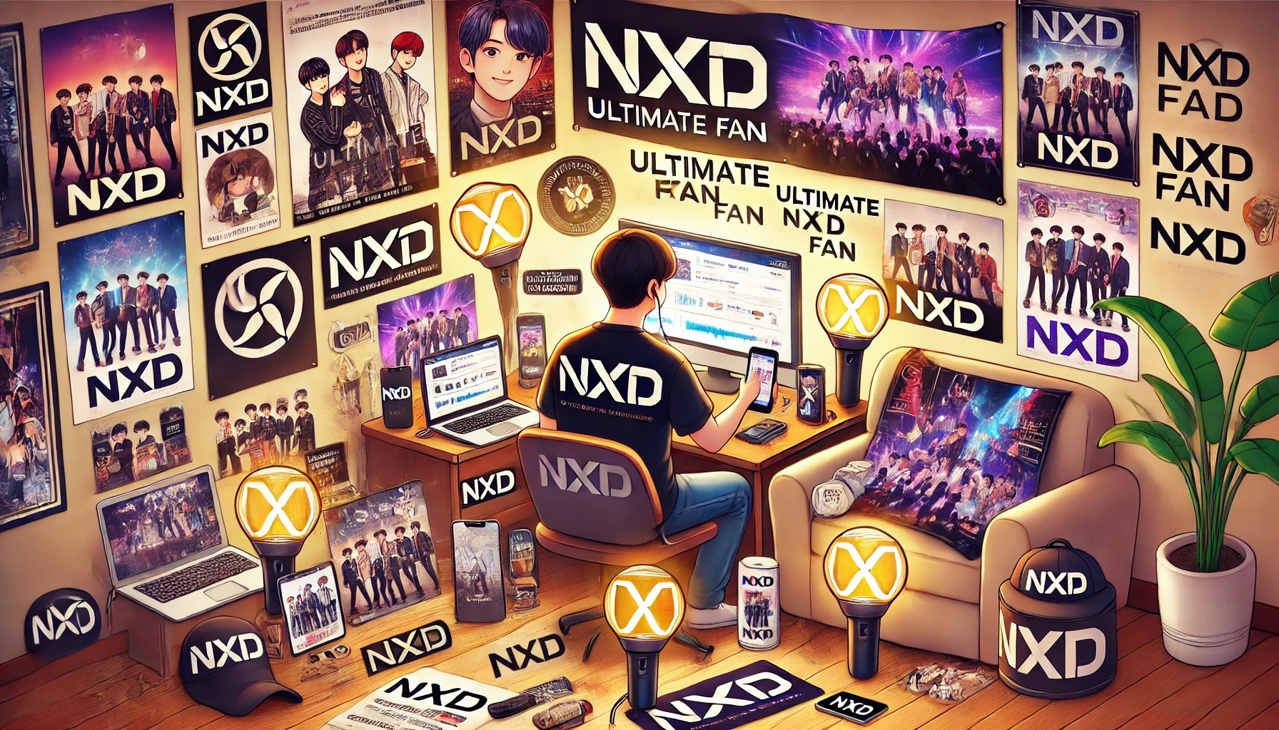 A lively scene of an ultimate NXD fan surrounded by posters, albums, and merchandise featuring the group, actively engaging on social media, streaming music, with a concert ticket and fan club membership card, capturing the essence of true K-pop fandom.