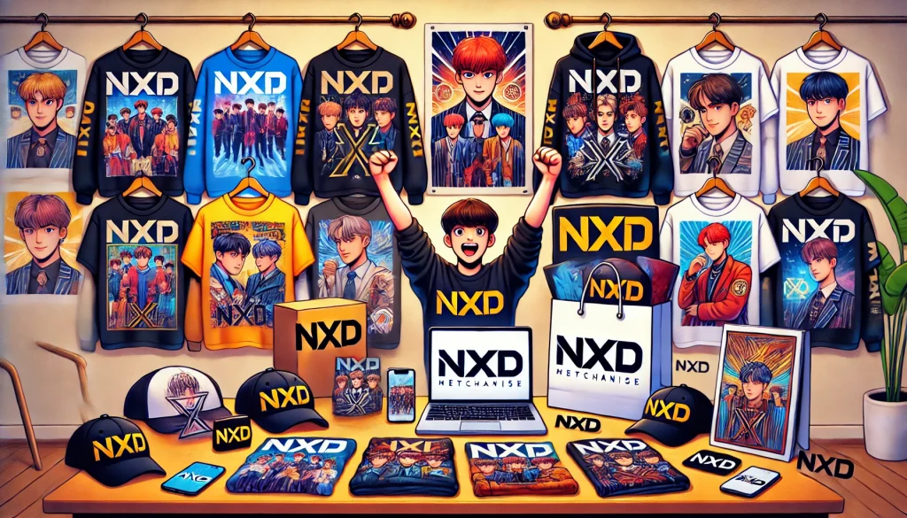 NXD merchandise display with fan holding bag and online store