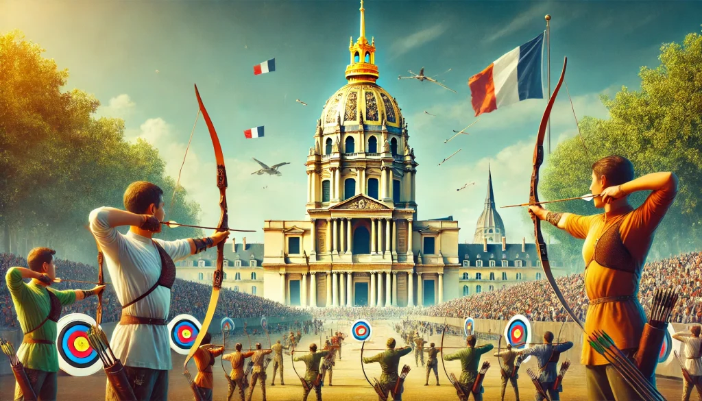 Archers compete in front of the grand Les Invalides in Paris, with a crowd watching under a bright sky.