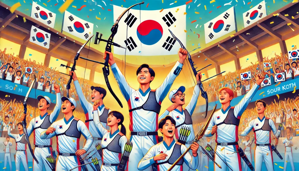 South Korean archers celebrate their victory with raised bows, confetti, and bright smiles in a lively stadium setting.