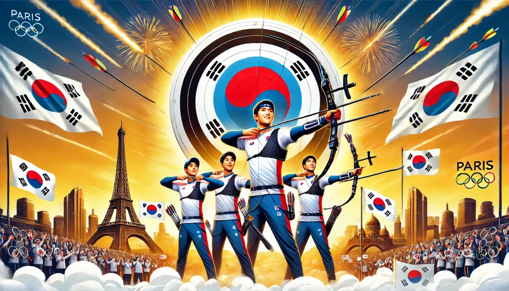 South Korean archery celebrated after winning five gold medals at the Paris Olympics, with the Eiffel Tower in the background.