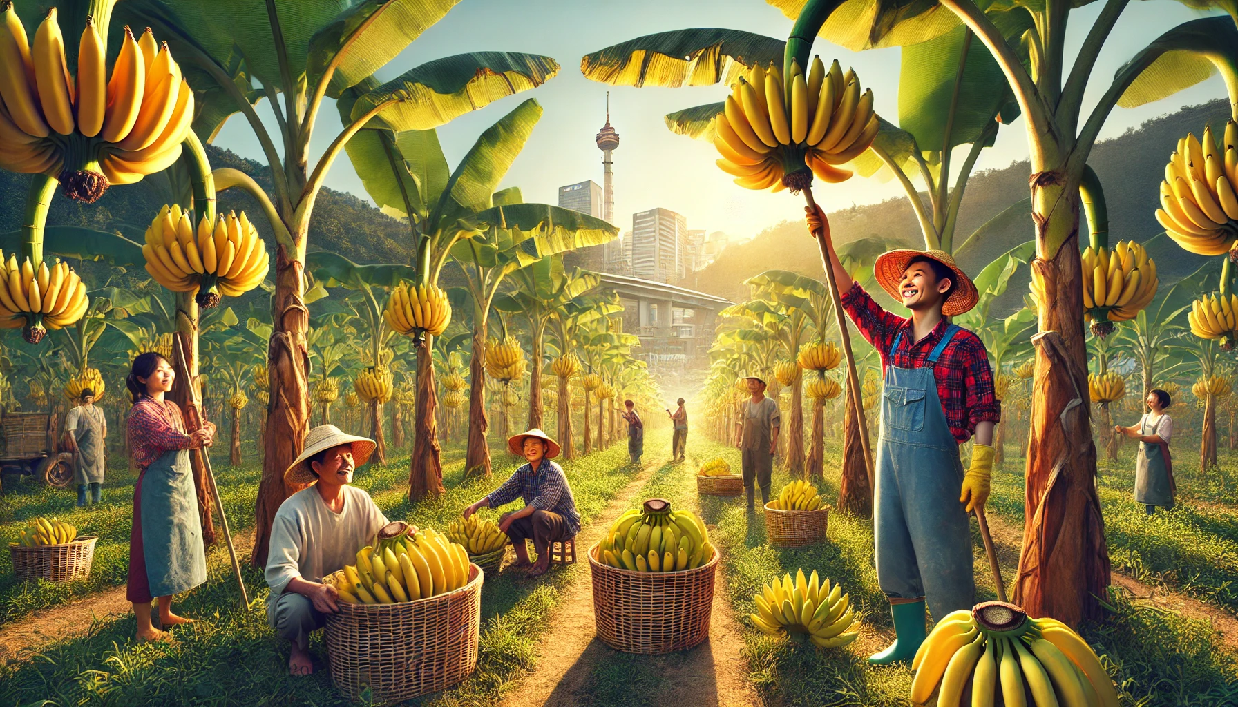 Farmers in Seoul harvest ripe bananas on a lush farm, with the city skyline in the background.