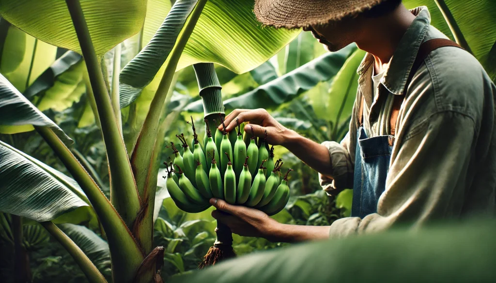 A Korean farmer's hands inspecting banana plants, focusing on green banana leaves and unripe bananas. The face is not shown.