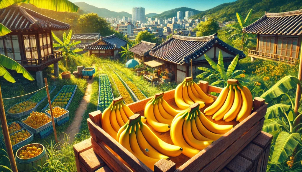 Freshly harvested bananas in a wooden crate on a Seoul farm with lush greenery and traditional architecture in the background.