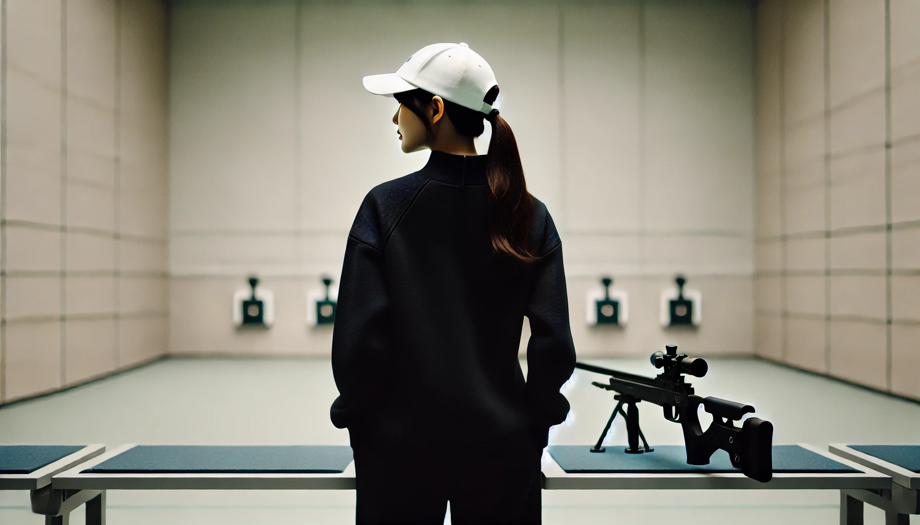 A back view of South Korea's Olympic Pistol Shooting Star, wearing a black tracksuit and a white cap, standing confidently in a minimalist setting.