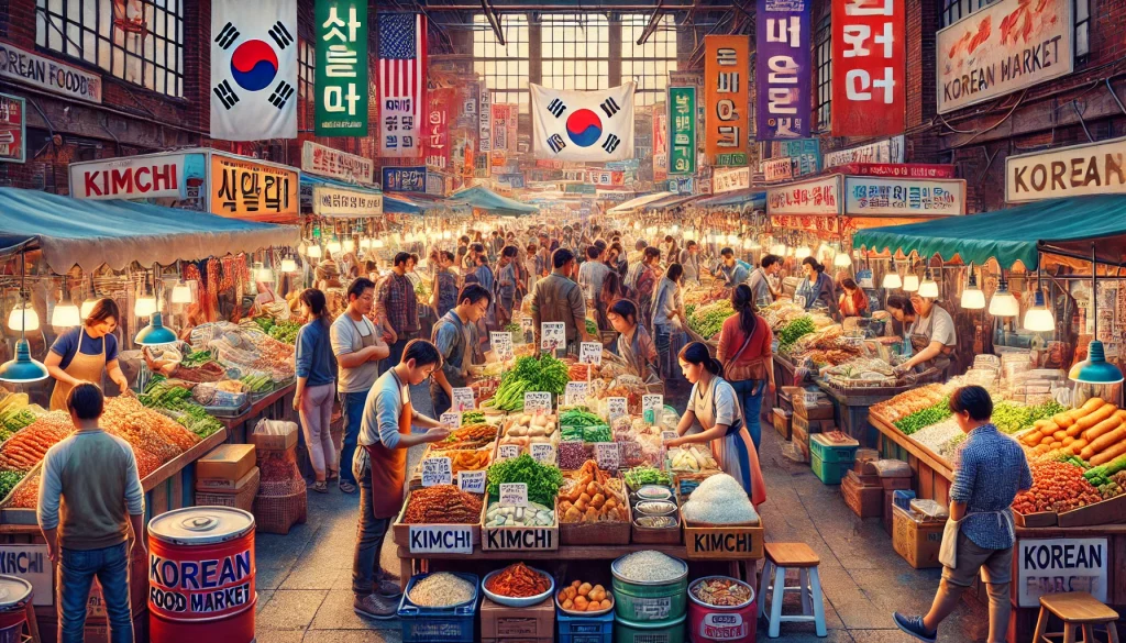 A bustling Korean food market in the US with vibrant stalls and diverse shoppers.