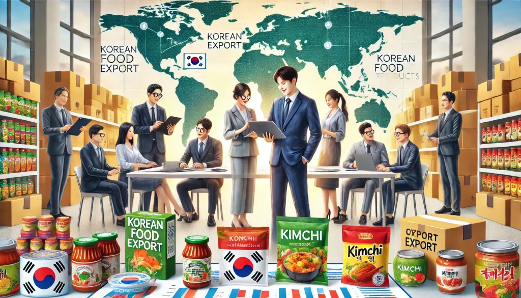 Korean food export officials discuss strategies with samples and data.