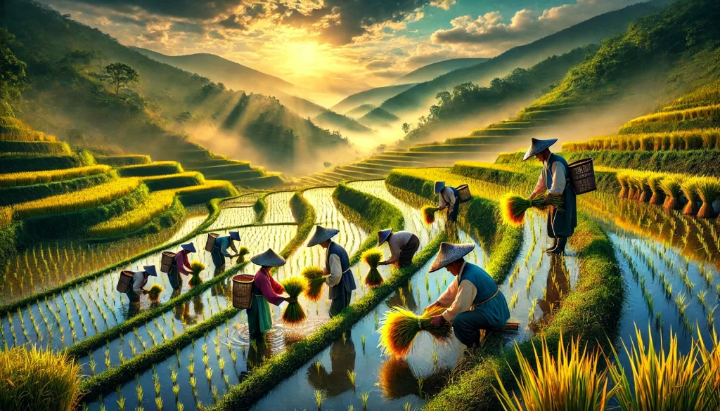 South Korean farmers in traditional attire harvesting rice, misty mountains behind.