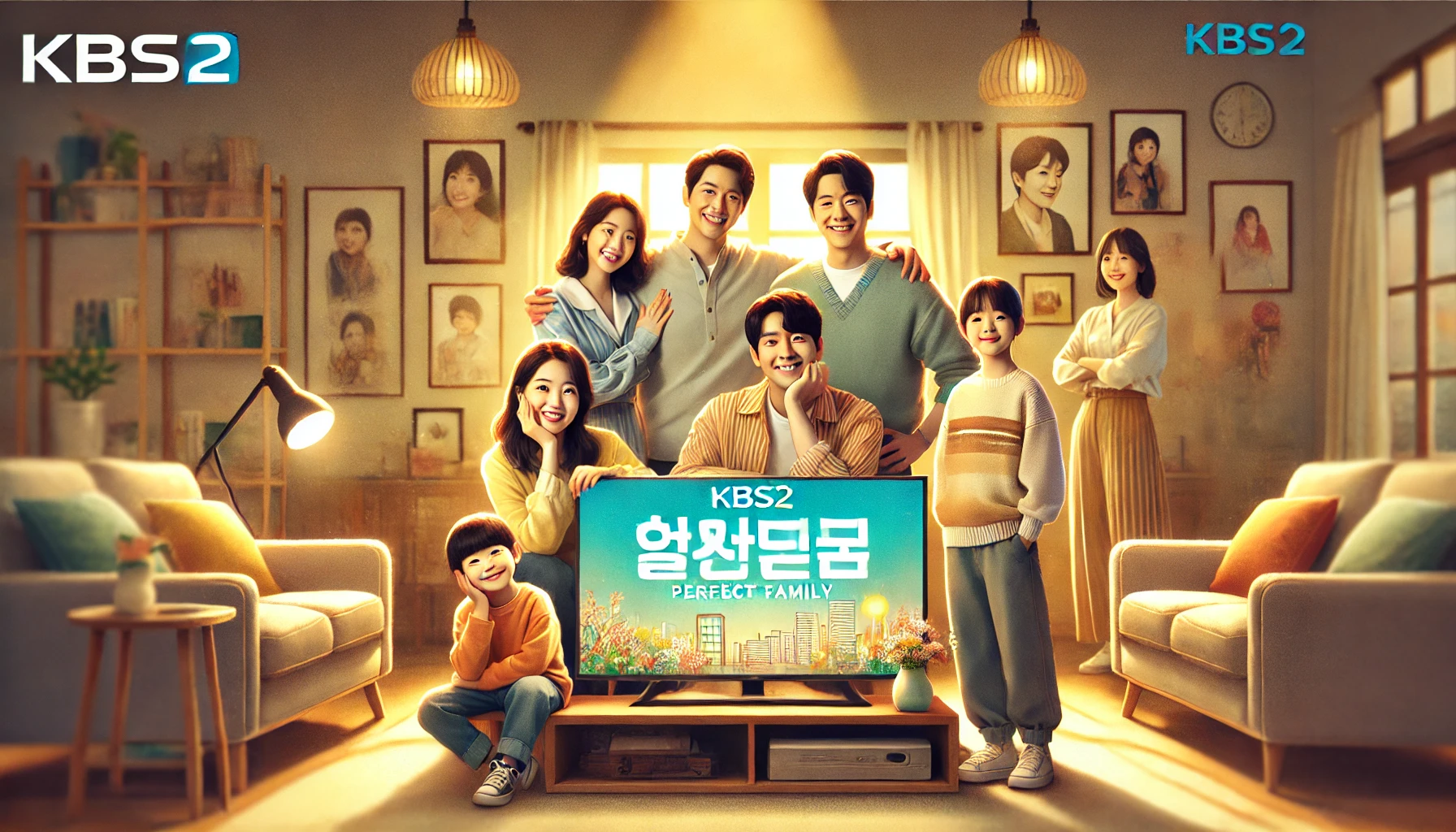 A happy family poses together in a cozy living room with a TV displaying the KBS2 logo and the title "Perfect Family," reflecting the warm, inviting atmosphere of a family-centered show.