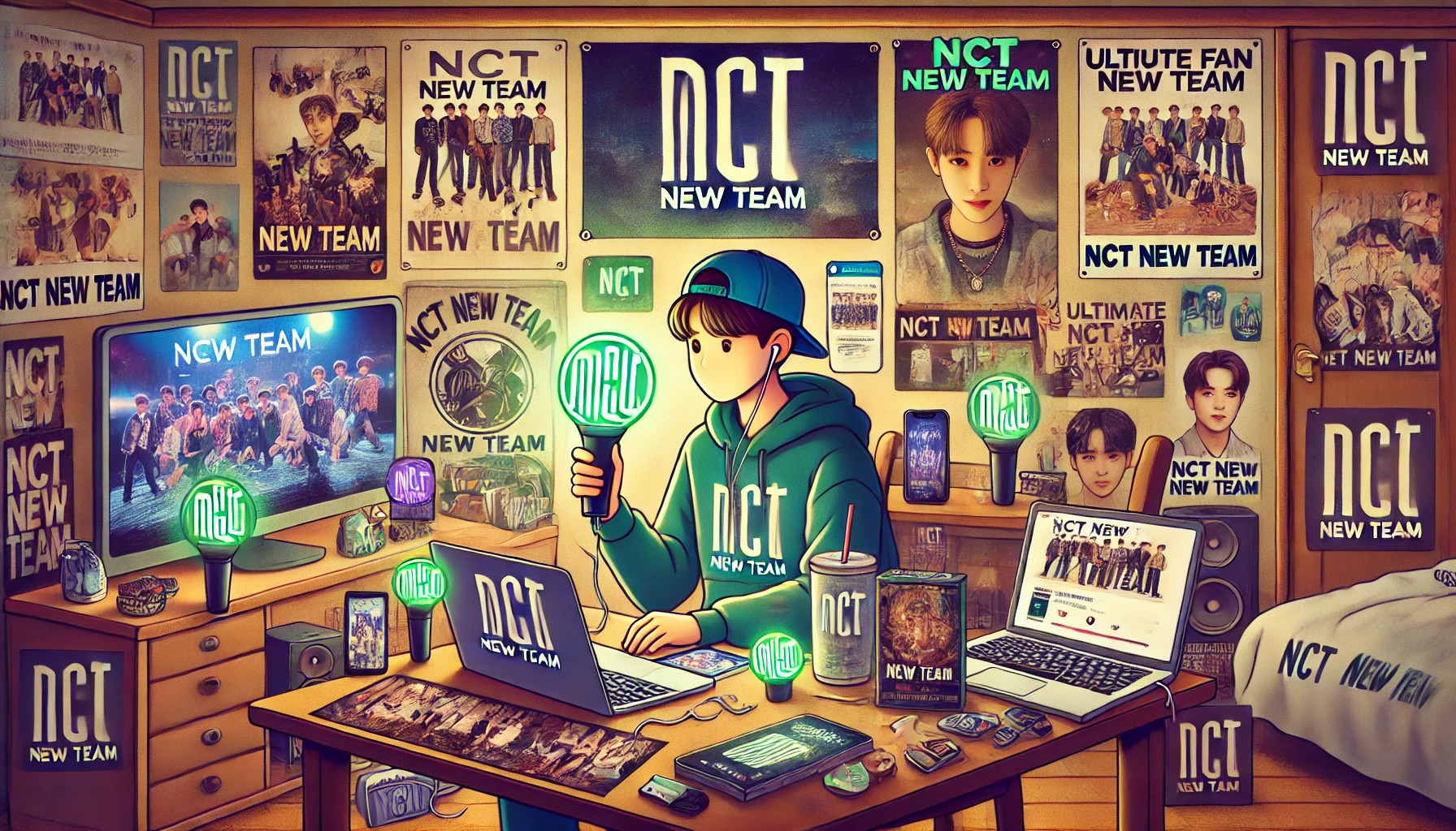 A lively scene of an ultimate NCT New Team fan surrounded by posters, albums, and merchandise featuring the group, actively engaging on social media, streaming music, with a concert ticket and fan club membership card, capturing the essence of true K-pop fandom.