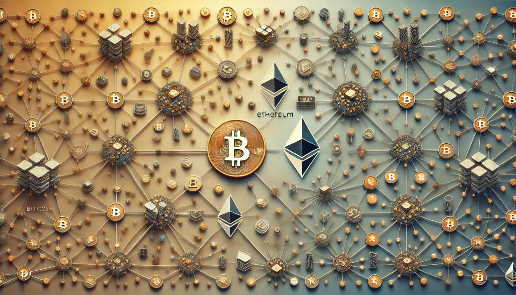 A side-by-side comparison of Bitcoin and Ethereum network designs. The Bitcoin network is shown as a decentralized web of nodes with miners and transaction arrows, while the Ethereum network displays a more complex, interconnected structure with smart contracts and dApps.