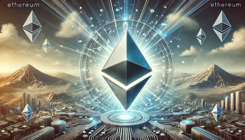 A sleek silver Ethereum logo displayed prominently against a dynamic, futuristic background with abstract blockchain elements and interconnected nodes, using silver, blue, and metallic tones.